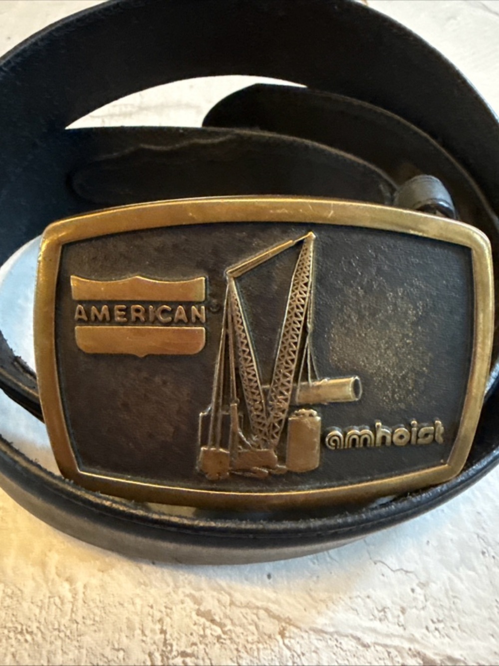 Brass Belt Buckle on Black Leather Belt American annhoist buckle-Yellowstone
